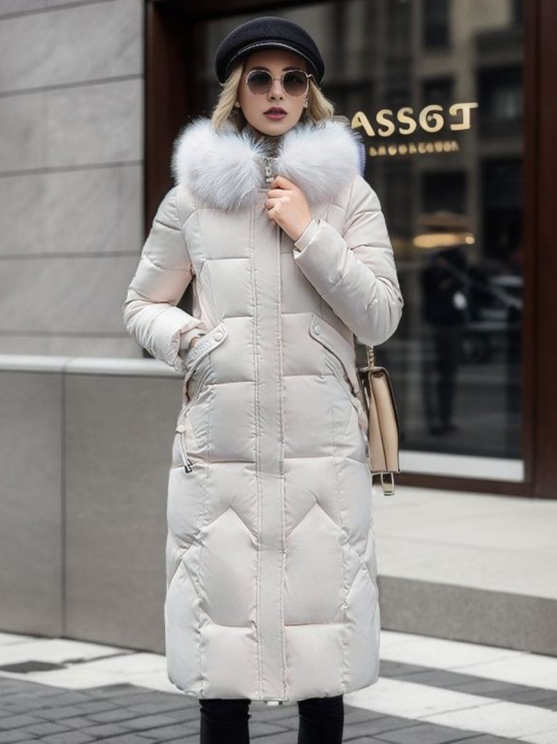 Lange Damesjas Met Capuchon Ritssluiting Capuchon. Kwalitatieve Casual Winterbovenkleding - Wit