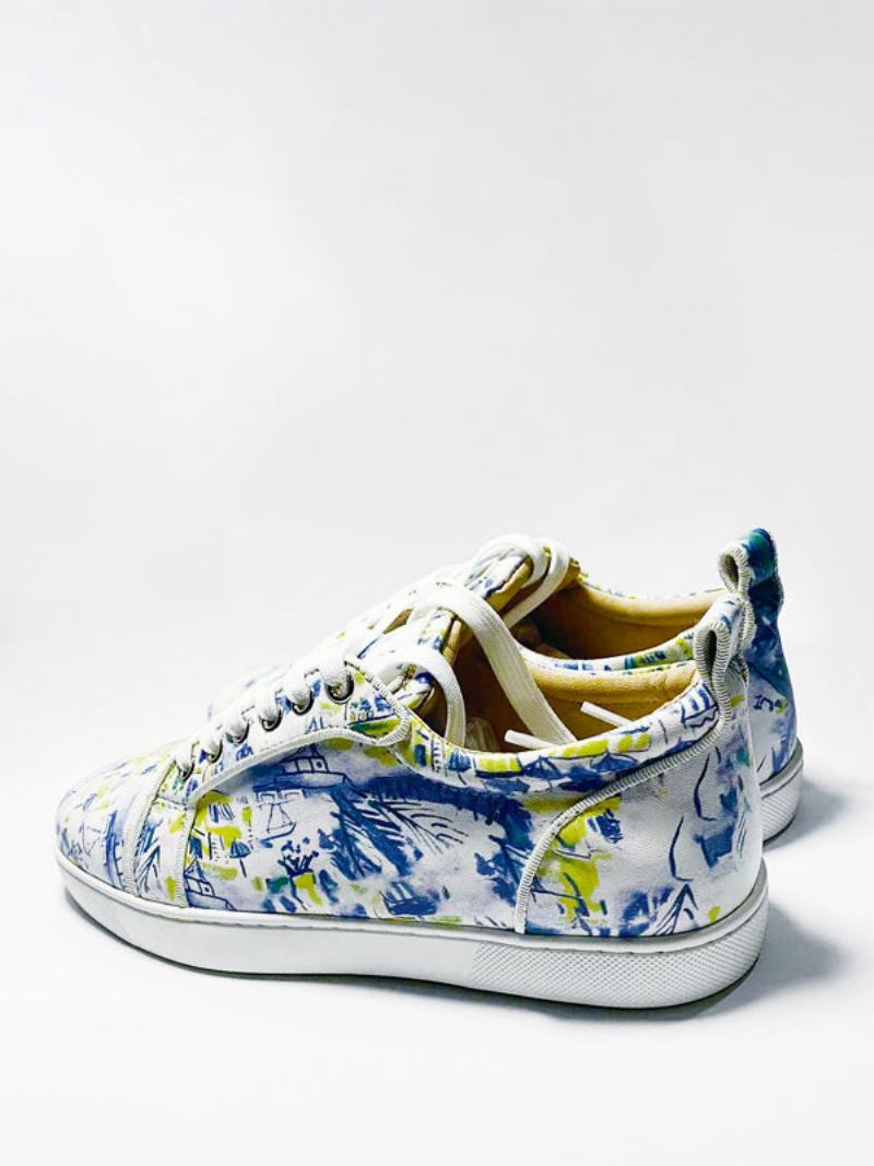Casual Sneakers Heren Met Ronde Neus Bedrukte Skateschoenen Veters - Wit