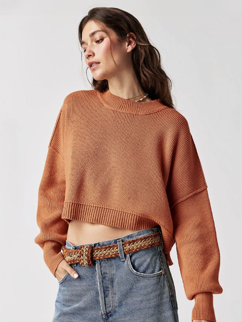 Geribbelde Trui Met Verlaagde Schouder Lange Mouwen Split-crop-top Dames - Lichtbruin