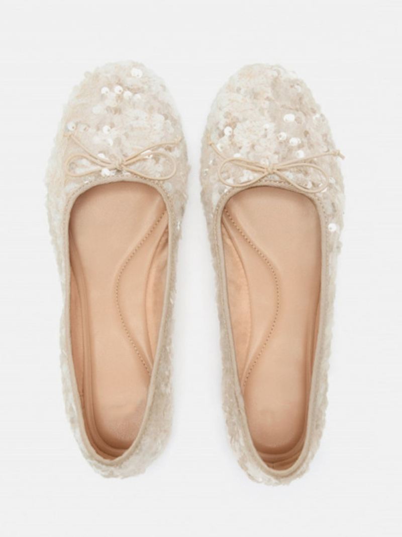 Ballerina Platte Feestschoenen Dames Met Pailletten Ronde Neus - Beige