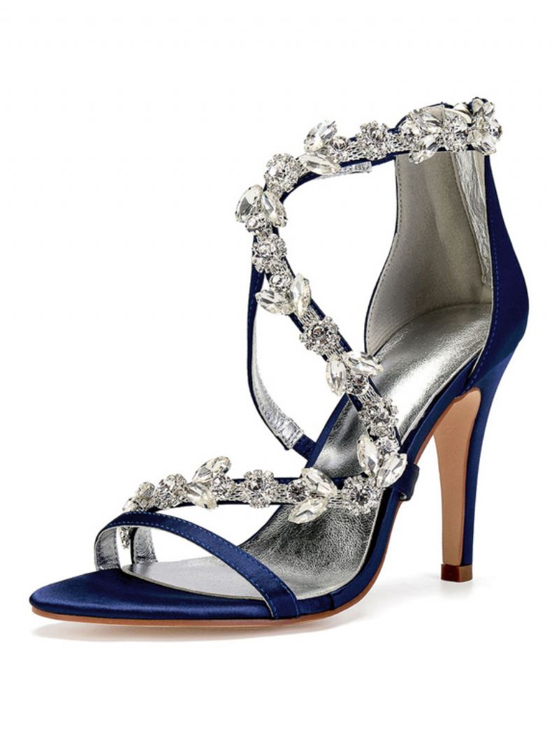 Bruidssandalen Met Strassbandjes Stilettohak Dames - Donker Marineblauw