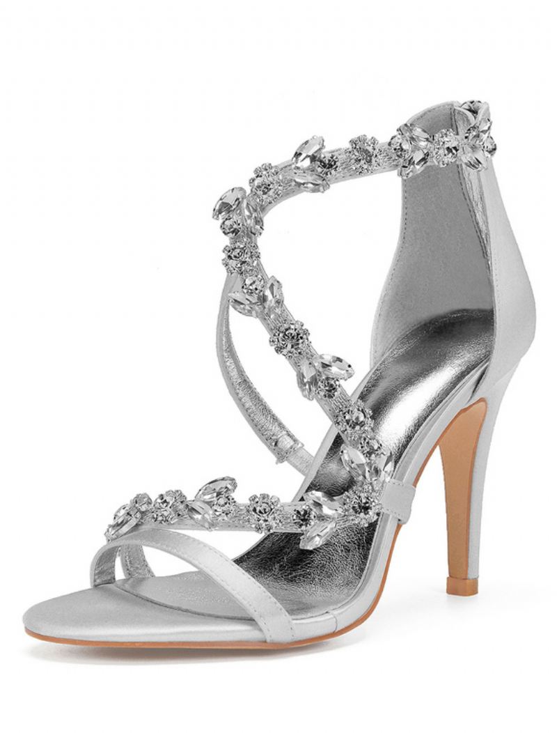 Bruidssandalen Met Strassbandjes Stilettohak Dames - Zilver