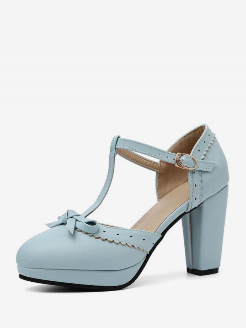 Dames Hoge Hakken Blauw Pu-leer Puntige Neus T-type Strikken Vintage Schoenen