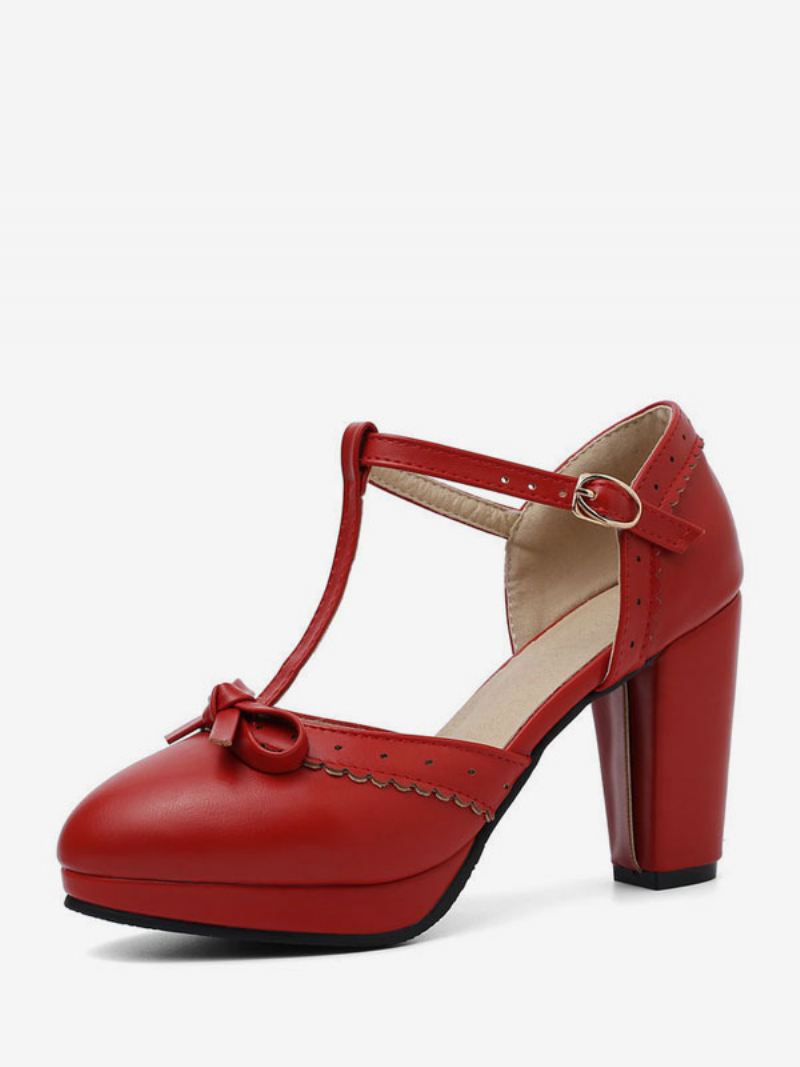 Dames Hoge Hakken Blauw Pu-leer Puntige Neus T-type Strikken Vintage Schoenen - Bordeauxrood