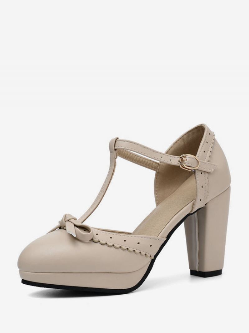 Dames Hoge Hakken Blauw Pu-leer Puntige Neus T-type Strikken Vintage Schoenen - Beige