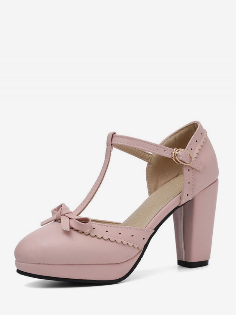 Dames Hoge Hakken Blauw Pu-leer Puntige Neus T-type Strikken Vintage Schoenen - Roze