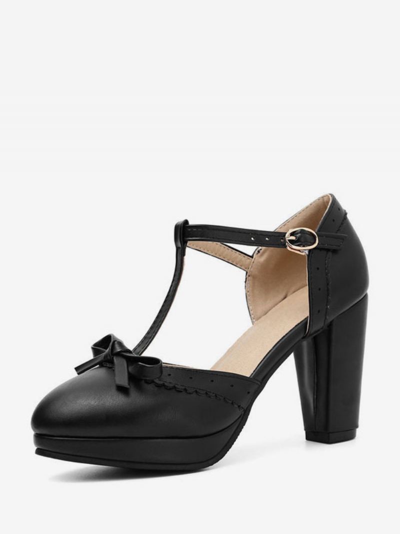Dames Hoge Hakken Blauw Pu-leer Puntige Neus T-type Strikken Vintage Schoenen - Zwart