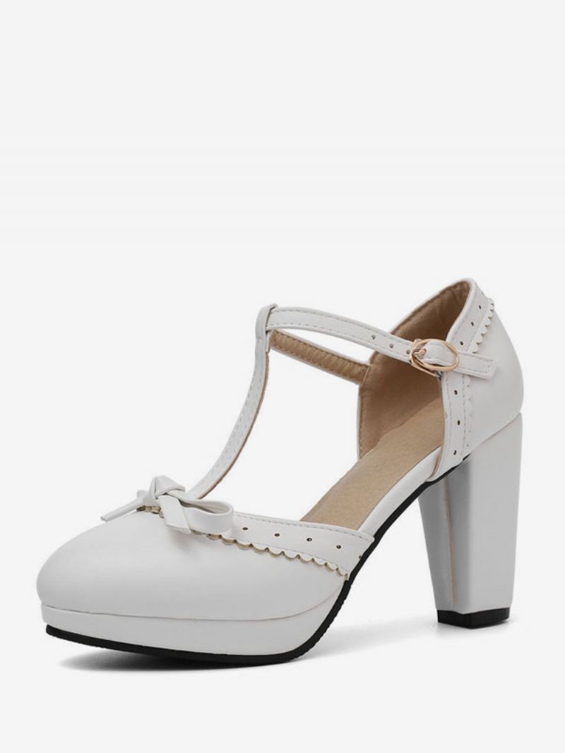 Dames Hoge Hakken Blauw Pu-leer Puntige Neus T-type Strikken Vintage Schoenen - Wit