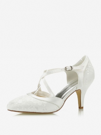 Kanten Damesschoenen Dames Kitten Heel Puntige Neus T-type Gespdetail Bruidsschoenen Vintage Trouwschoenen