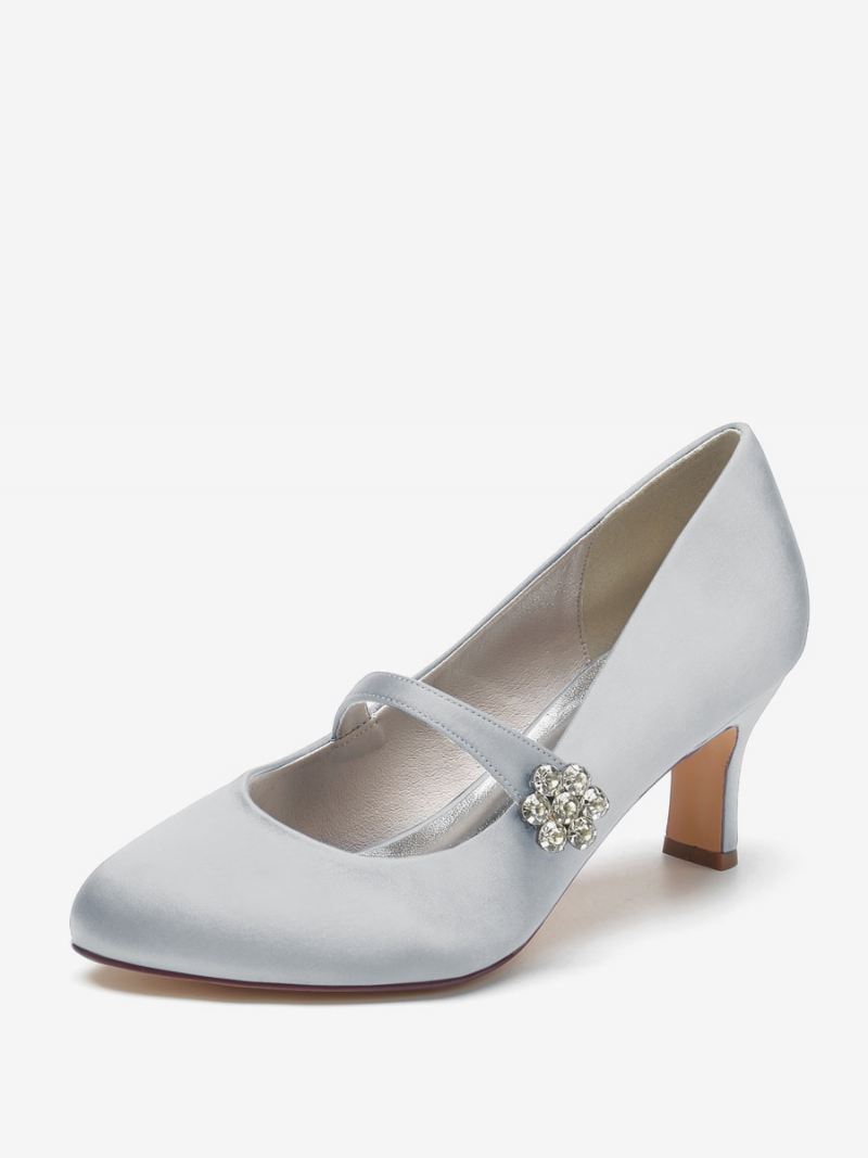 Trouwschoenen Dames Satijnwit Ronde Neus Strasssteentjes Dikke Hak Vintage Bruidsschoenen - Zilver