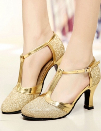 Dames Gouden Ballroomschoenen Glitter Ronde Neus T-type Vintage Schoenen Salsa Dansschoenen
