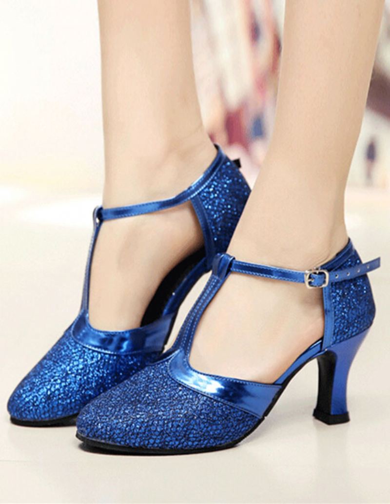 Dames Gouden Ballroomschoenen Glitter Ronde Neus T-type Vintage Schoenen Salsa Dansschoenen - Blauw