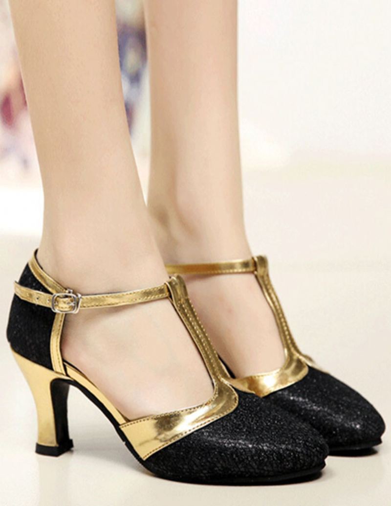Dames Gouden Ballroomschoenen Glitter Ronde Neus T-type Vintage Schoenen Salsa Dansschoenen - Zwart