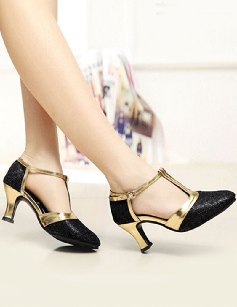 Dames Gouden Ballroomschoenen Glitter Ronde Neus T-type Vintage Schoenen Salsa Dansschoenen - Zwart
