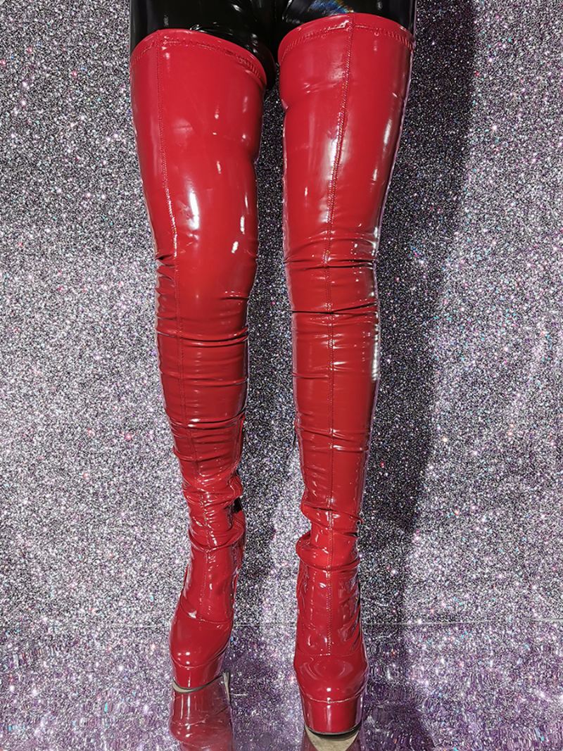 Dames Sexy Over Knie Laarzen Rode Platform Stiletto Hak Dij Hoge - Kastanjebruin
