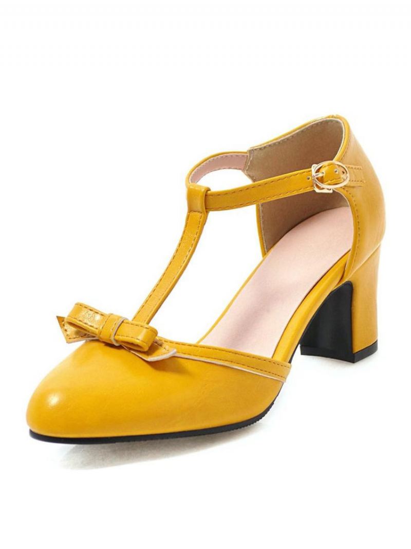 Dames Halfhoge Hakken Retro Dikke Hak T-type Bandage Stijlvolle Vintage Schoenen - Geel