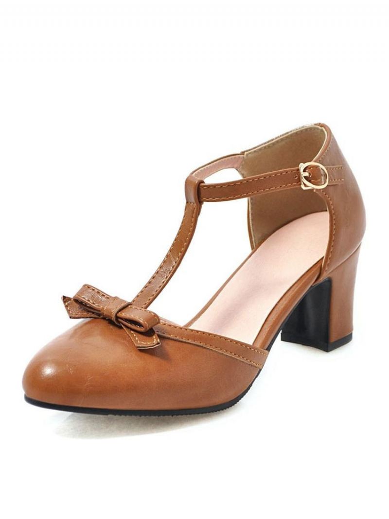 Dames Halfhoge Hakken Retro Dikke Hak T-type Bandage Stijlvolle Vintage Schoenen - Koffiebruin