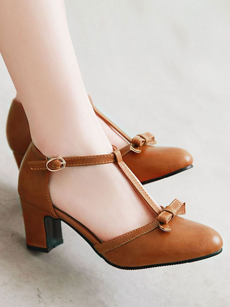 Dames Halfhoge Hakken Retro Dikke Hak T-type Bandage Stijlvolle Vintage Schoenen - Koffiebruin