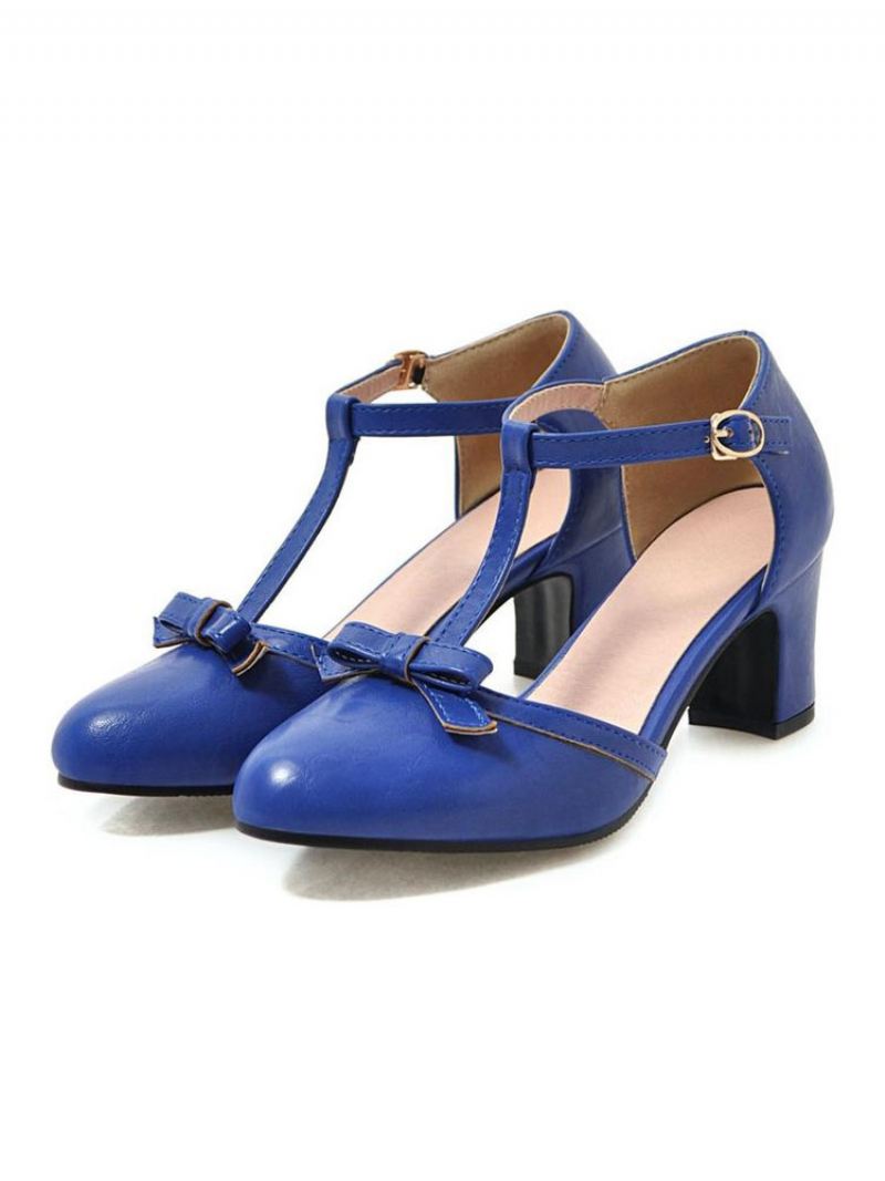 Dames Halfhoge Hakken Retro Dikke Hak T-type Bandage Stijlvolle Vintage Schoenen - Blauw