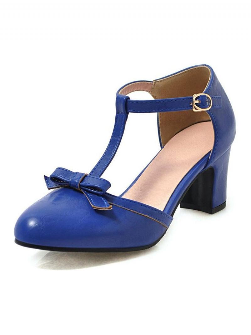Dames Halfhoge Hakken Retro Dikke Hak T-type Bandage Stijlvolle Vintage Schoenen - Blauw