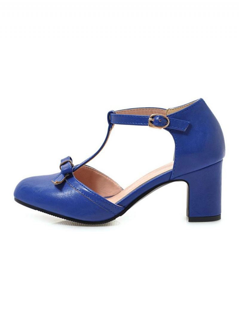 Dames Halfhoge Hakken Retro Dikke Hak T-type Bandage Stijlvolle Vintage Schoenen - Blauw