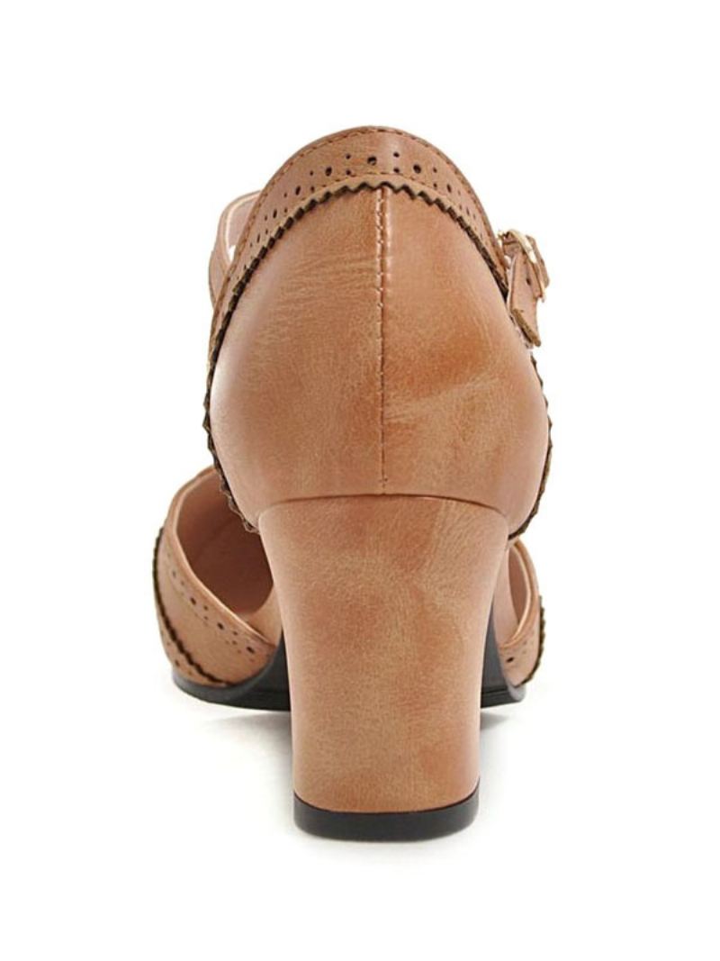 Mid-lage Hakken Dames Amandel-teen Dikke Hak T-type Bandage Vintage Pumps - Koffiebruin