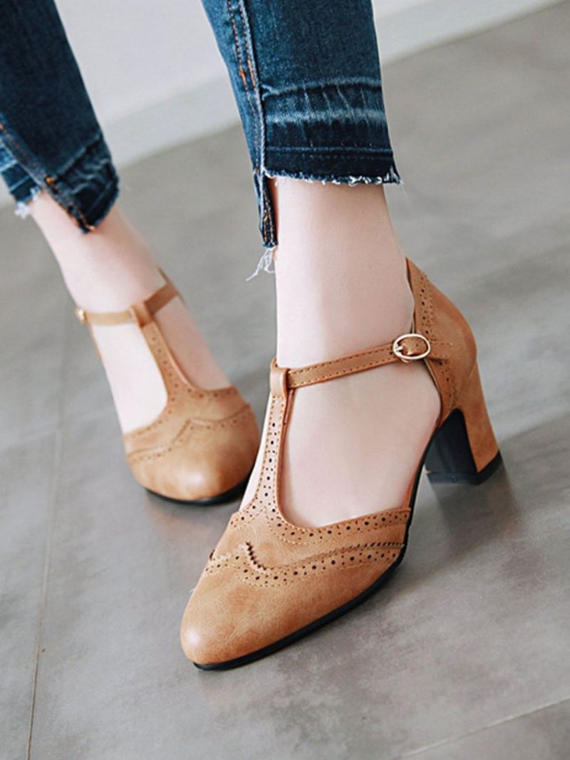 Mid-lage Hakken Dames Amandel-teen Dikke Hak T-type Bandage Vintage Pumps - Koffiebruin