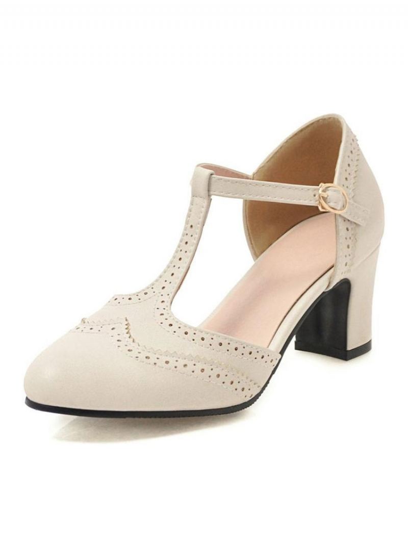 Mid-lage Hakken Dames Amandel-teen Dikke Hak T-type Bandage Vintage Pumps - Beige