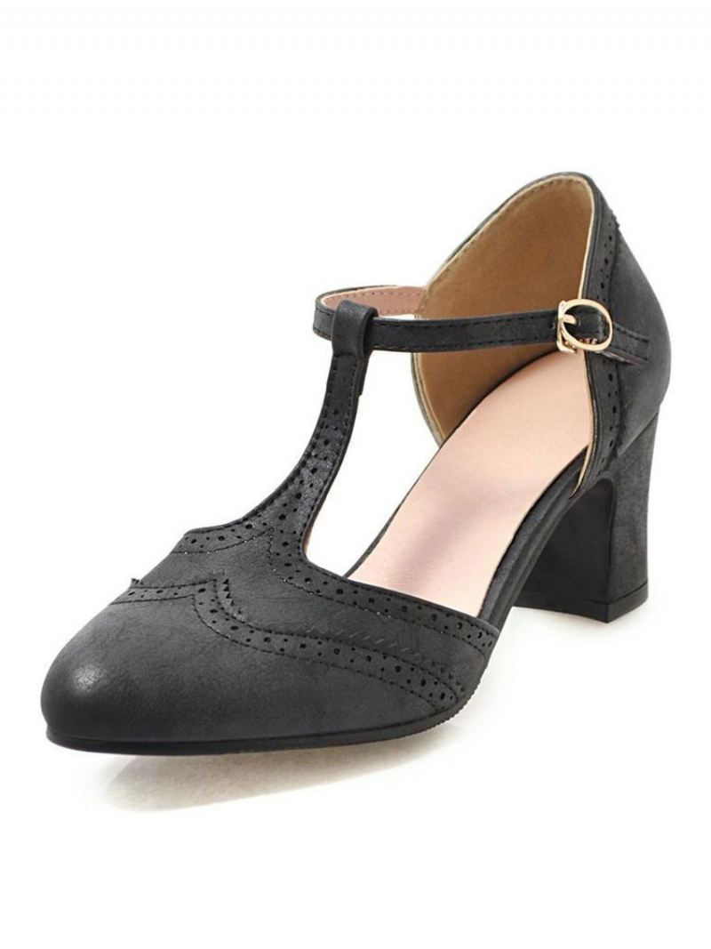 Mid-lage Hakken Dames Amandel-teen Dikke Hak T-type Bandage Vintage Pumps - Zwart
